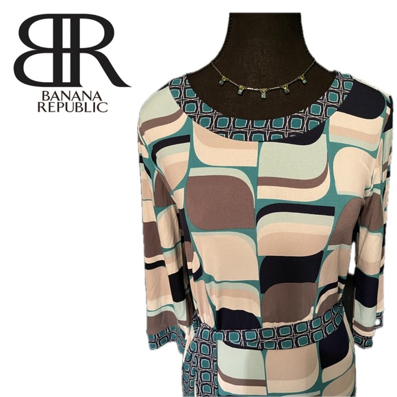 NWT Banana Republic Blue Gray White Black Mod Geometric Wrap Stretchy Midi Dress - Picture 7 of 7